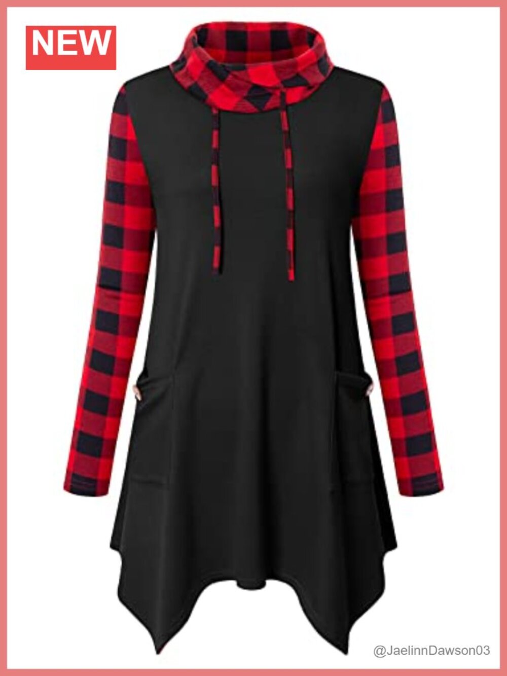 Women's Cowl Neck Asymmetrical Tunic Sweater Plaid Long Sleeve Pullover for